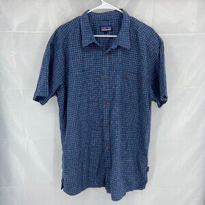 Patagonia Men 2XL Back Step Shirt Hemp Short Sleeve Blue Plaid Casual Travel Top